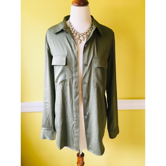 Theory Tops - Olive Green Silk Theory Button Down, sz Med